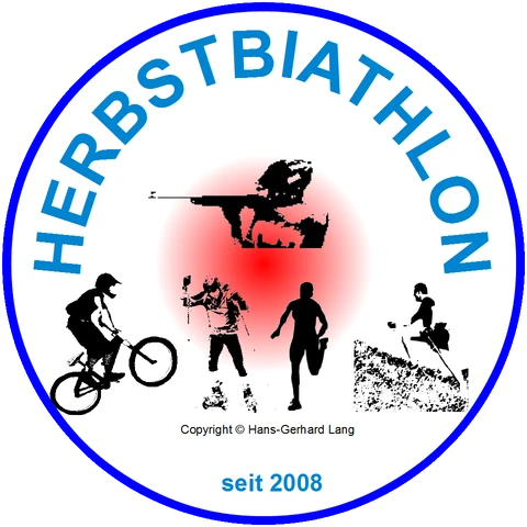 Logo Herbstbiathlon: Mountainbiker, Walkerin, Läufer, Cross Skater und Schütze im Kreis, seit 2008